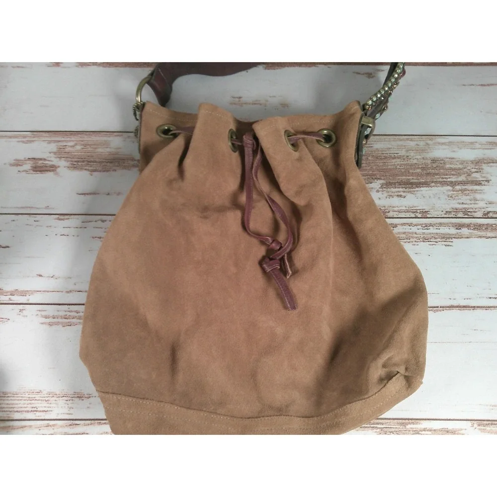 Leatherock Suede Slouchy Bucket Bag Brown Shoulder Handbag Drawstring Used